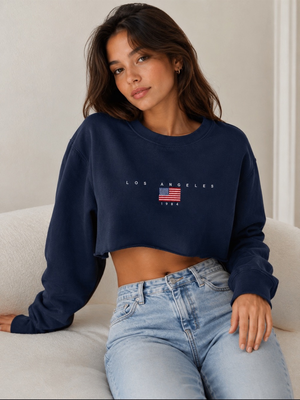 Brandy Melville Navy American Flag Cropped Sweatshirt One Size USA - Picture 2 of 5